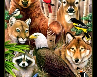 24" X 44" Panel Animals Woodland Animals Raccoon Foxes Eagles Bear Deer Cotton Fabric Panel (1332BLACK) D482.15