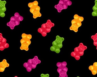 Cotton Herban Sprawl Gummi Bears Fruity Chewy Candy Kids Childrens Treats Sugar Blank Quilting Black Cotton Fabric Print by the Yard D576.73