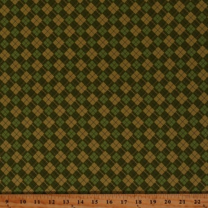 May include: A green and brown argyle pattern fabric with a repeating diamond pattern.