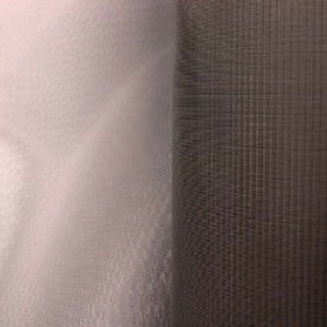 May include: Two pieces of sheer fabric, one white and one black, are shown side by side. The fabric has a fine, woven texture.