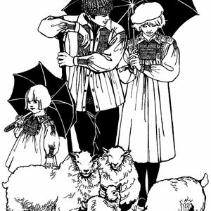 May include: A black and white illustration of a family with three children walking with umbrellas and sheep. The family is wearing hats and coats. The children are holding umbrellas and walking with sheep.