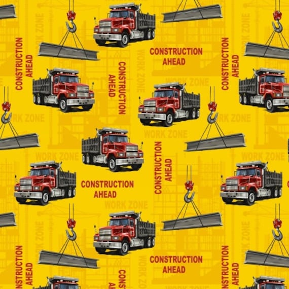 Fleece Construction Ahead Work Zone Construction Site Dump Trucks Cranes  Vehicles Fleece Fabric Print by the Yard A232.06