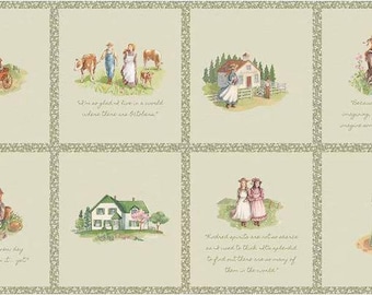 May include: A fabric panel featuring eight illustrated squares with a vintage aesthetic. Each square depicts scenes of rural life, including people, animals, and buildings, with handwritten quotes. The color palette is soft, with muted greens, browns, and creams.