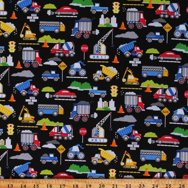 Cotton Construction Vehicles Dump Trucks Bulldozers Cranes Builders Building Black Cotton Fabric Print by the Yard (18387357) D694.60