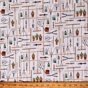 May include: A white fabric with a repeating pattern of gardening tools and plants. The tools include rakes, shovels, trowels, shears, and a watering can. The plants are green and potted in brown pots.