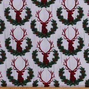 Cotton Christmas Deer Holiday Winter Plaid Wreath Barn Wood Rustic Cabin Lodge Cotton Fabric Print by the Yard HOLIDAY-C7112-MILK