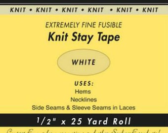 White - 1/2&quot; Fusible Knit Stay Tape - 0.5&quot; X 25 yards SewkeysE Extremely Fine Knit Interfacing Sold by the 25 yard Roll (KST-01) M494.09