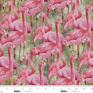 May include: A fabric pattern featuring numerous pink flamingos with long necks and legs. The birds are set against a green and white mottled background. The image includes the text "in" and "STUDIO".