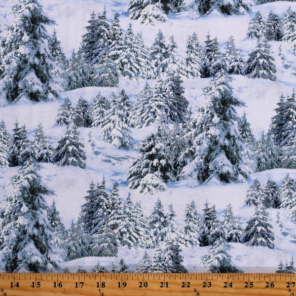 Cotton Winter Trees Snowy Pine Trees Evergreens White Landscape Medley Cotton Fabric Print by the Yard (215WHITE) D409.30