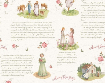 May include: Anne of Green Gables fabric with illustrations of characters, scenes, and text from the book. The design includes pink roses, butterflies, and text excerpts on a cream background. The fabric is 12 inches wide.