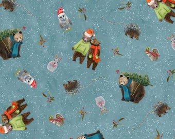 Cotton Holly Woods Winter Woodland Animals Bears Trees Bunnies Snow Studio E Fabrics Blue Cotton Fabric Print by the Yard (9234-79) D411.31