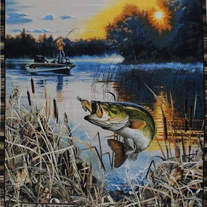 36&quot; X 44&quot; Panel Realtree Bass Fishing Fisherman Fish Scenic Cotton Fabric Panel (9939) D587.40 Officially Licensed Sykel Enterprises