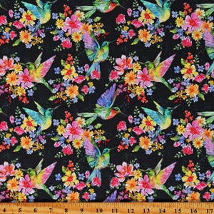 Cotton Hummingbirds Flowers Nature A Hummingbird&#39;s Charm Black Cotton Fabric Print by the Yard (54181-2) D771.94