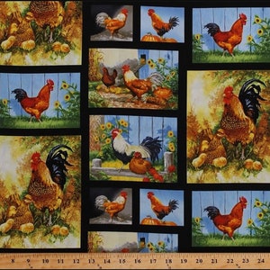 Cotton Chickens Roosters Chicks Blocks Squares Poultry Hens Country Birds Pumpkins Fall Autumn Old Farmstead Fabric Print by Yard D366.20