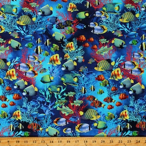 Cotton Fish Sea Animals Tropical Coral Reef Blue Jewel of the Sea Oceana Cotton Fabric Print by the Yard (12534-99) D693.66