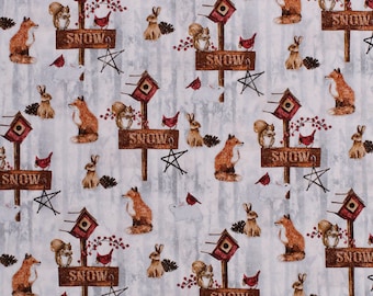 Cotton Winter Scene Snow Fox Rabbit Squirrel Cardinal Birdhouses Trees Snow Days Cotton Fabric Print by the Yard D508.53 by Henry Glass
