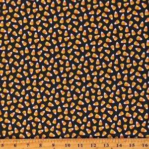 Cotton Candy Corn Halloween Candies Fall Treats Trick or Treat Hallowishes Black Cotton Fabric Print by the Yard (3369-99) D510.80