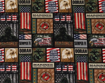 Cotton United States US Marines Eagles Symbols Emblems Military  Cotton Fabric Print by the Yard (1339-M) D562.45 Licensed Sykel Enterprises