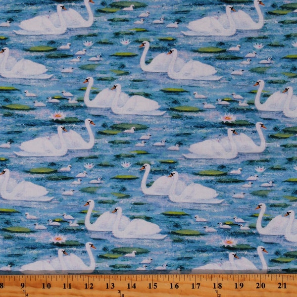 Cotton Swans Swan Lake The Secret Garden Birds Nature Blue Cotton Fabric Print by the Yard (21644-BLU-CTN-D) D689.84