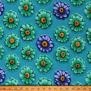 Cotton Kaffe Fassett 85 & Fabulous Zinnia Blue Floral Flowers Cotton Fabric Print by the Yard (PWGP031.BLUE) D138.25