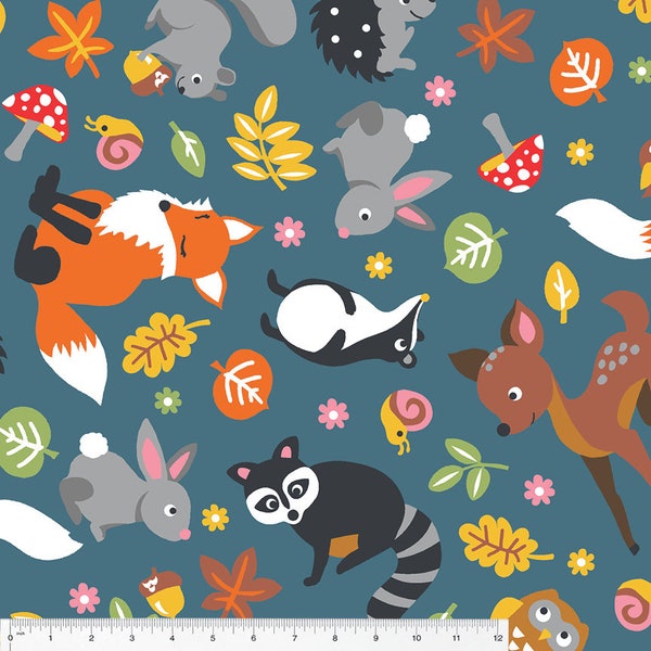 Fleece Woodland Friends Forest Animals Deer Foxes Badgers Raccoons Owls Hedgehogs Mushrooms Acorns Fleece Fabric Print by the Yard A230.08