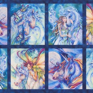24&quot; X 44&quot; Panel Morningmoon Unicorns Magical Mythical Creatures Navy Cotton Fabric Panel ABKD-18646-286WILD D478.57 Licensed Robert Kaufman