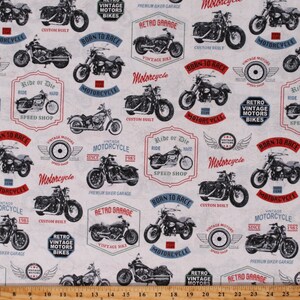 Cotton Retro Motorcycle Vintage Bikes Classic Born to Race White Cotton Fabric Print by the Yard (52240-1) D780.89