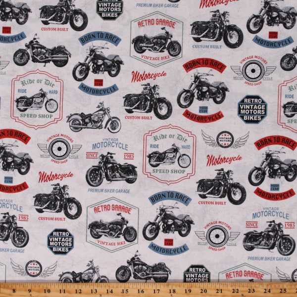 Cotton Retro Motorcycle Vintage Bikes Classic Born to Race White Cotton Fabric Print by the Yard (52240-1) D780.89