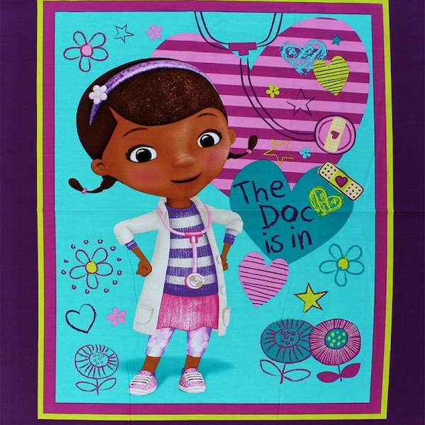 36" X 44" Panel Doc McStuffins The Doc is In Doctor Flowers Hearts Kids Purple Cotton Fabric Panel (58179-A620715) D565.66