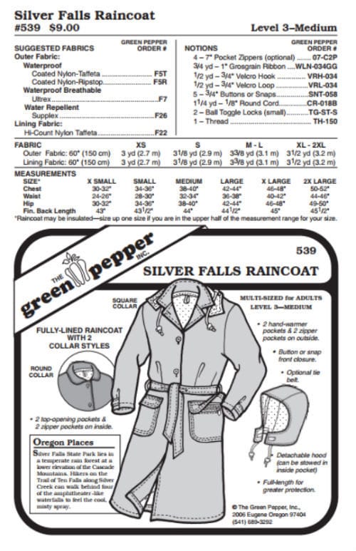 Silver Falls Raincoat PDF Pattern - 539 - The Green Pepper Patterns Silver Falls Raincoat PDF Pattern - 539 - The Green Pepper Patterns