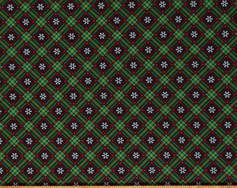 Cotton Christmas Snowflakes Red and Green Plaid on Charcoal Holidays Winter Wonder Cotton Fabric Print by the Yard (C12067-CHARCOAL) D503.51