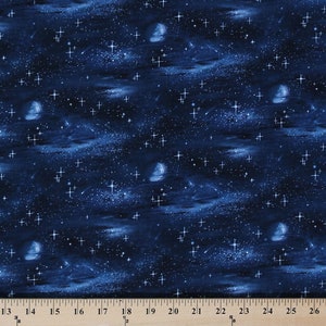 Cotton Landscape Medley Galaxy Stars Star Moon Outer Space Night Blue Black Cotton Fabric Print by the Yard (430-BLACK)