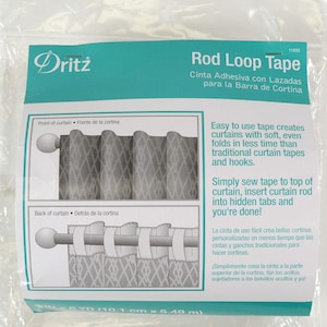 May include: Dritz Rod Loop Tape, a white package with a blue and green border, shows how to use the tape to create curtains with soft, even folds. The package includes instructions in both English and Spanish. The tape is 4 inches by 6 yards (10.1 cm x 5.40 m).