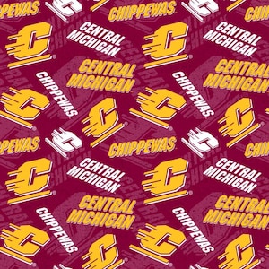 May include: A maroon fabric with a repeating pattern of the Central Michigan University logo. The logo is a white letter "C" with a yellow outline and a yellow diagonal stripe through it. The words "Central Michigan" and "Chippewas" are also repeated in the pattern.