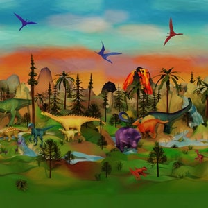 51&quot; X 44&quot; Panel Prehistoric Dinosaurs Dinos Volcanoes Cotton Fabric Panel (S4763) D679.60 by Hoffman Fabrics
