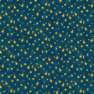 May include: A repeating pattern of yellow stars, crescent moons, and lanterns on a dark teal background. The lanterns are suspended by dotted lines. The design has a whimsical, nighttime theme.