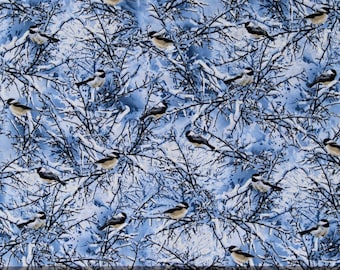Cotton Winter Chickadees Birds Trees Snowy Branches Holiday Blue Cotton Fabric Print by the Yard (BIRD-C7850-BLUE) D502.76