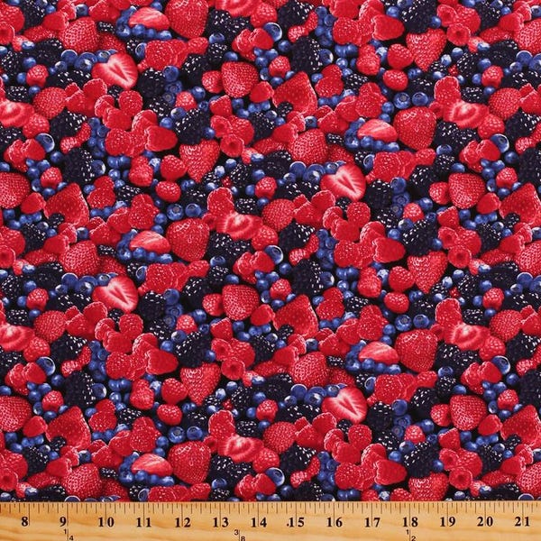 Cotton Berries Berry Fruits Raspberries Raspberry Blueberries Strawberries Red Blue Food Fabric Print by Yard (FRUIT-CD1811-BERRY) D574.67