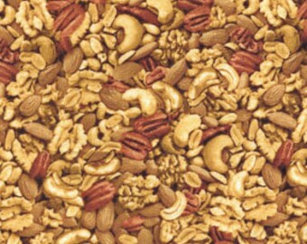Cotton Cashews Pecans Peanuts Walnuts Nuts Snack Food Culinary Kitchen Baking Snack Attack Cotton Fabric Print By the Yard (05770-77)