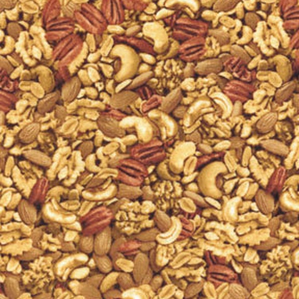 Cotton Cashews Pecans Peanuts Walnuts Nuts Snack Food Culinary Kitchen Baking Snack Attack Cotton Fabric Print By the Yard (05770-77)