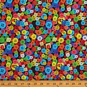 Cotton Buttons Seamstress Sewing Room Multi-Color on Black Cotton Fabric Print by the Yard (119642) D577.49