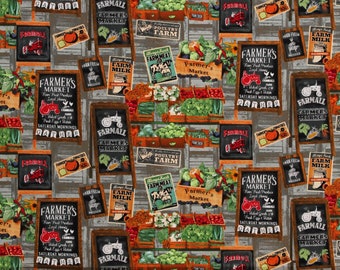 Cotton Farmall Farms to Table Farmer's Market Food Vegetables Produce Fruit Cotton Fabric Print by the Yard D370.85 by Sykel Enterprises