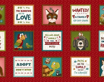 May include: Red fabric with a white polka dot pattern featuring 12 squares with images of animals and text about rescuing animals. The text includes "To Rescue is to Love", "You can't Buy Love but you can Rescue It", "Second-Hand Animals Make First Class Pets", "Wanted! A Family of My Own", "The Best Things in Life Are Rescued", "Adopt Don't Stop", and "Pets Are the Family You Get to Choose".
