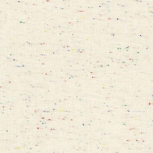 May include: A close-up of a white fabric with a speckled pattern of red, blue, green, and yellow threads.