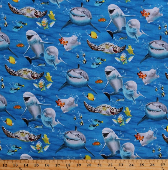 Cotton Sea Turtles Swimming Animals Reptiles Navy Blue Fabric Print BTY D366.04