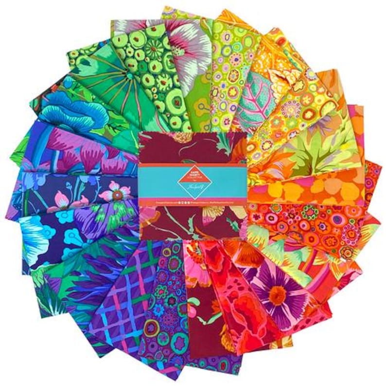 May include: A set of 20 fabric squares featuring a variety of colorful patterns, including floral, geometric, and abstract designs. The squares are arranged in a fan shape and are perfect for quilting, patchwork, and other craft projects.