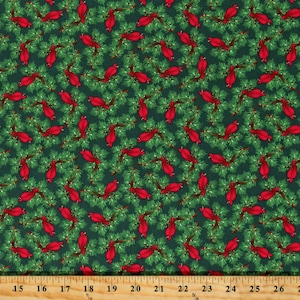 Cotton Cardinals Winter Birds Christmas Holiday Pine Branches Merry Town by Sharla Fults Green Fabric Print by the Yard (6369-68) D401.69