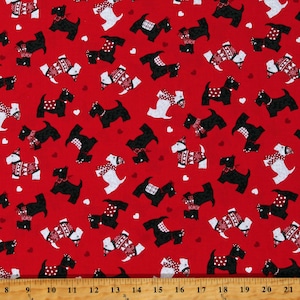 Cotton Scotties Scottish Terriers Scotty Dogs Hearts Winter Hats Scarves Knit & Caboodle Friends Fur-Ever Red Fabric Print by Yard D502.70