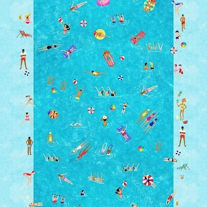 May include: A blue swimming pool with people swimming, sunbathing, and playing in the water. There are colorful inflatables, beach balls, and towels around the pool.