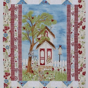 23.5" X 44" Panel Flowers Floral Blooms House Cottage Birds Nature Trees Daises Watering Can Fence Country Charm Spring Fabric Panel D509.11